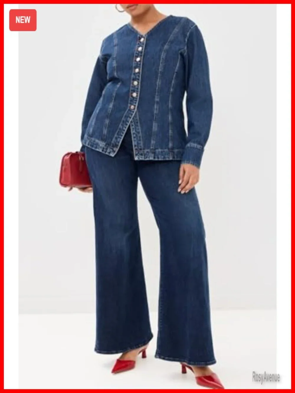Collarless Denim Jacket Long Sleeve Button Down V-Neck Slim Fit Jean Jacket Top